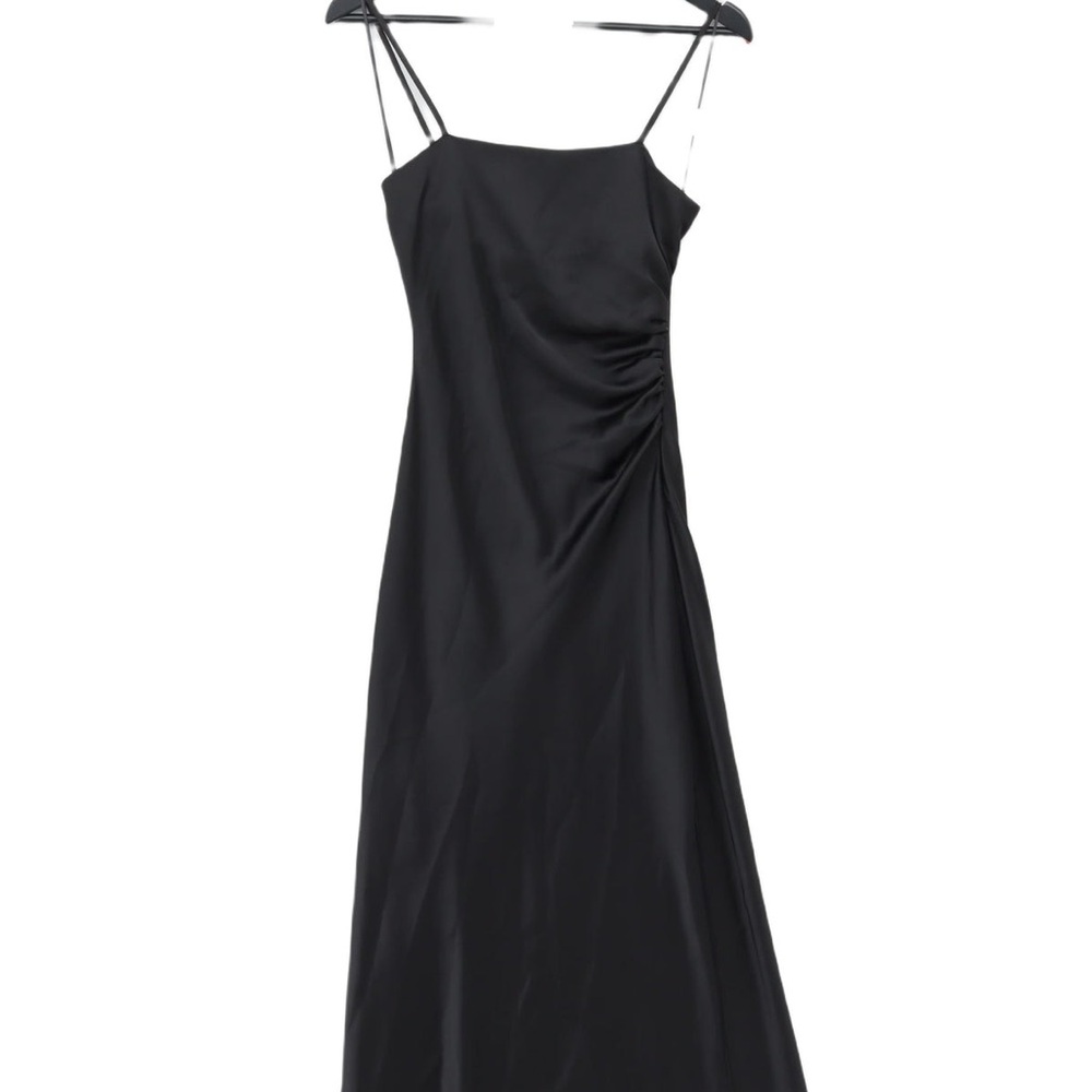 Zara Black Ruched Lingerie Style Slip Dress Left Side Zip Up/Sexy Leg Slit Sz M